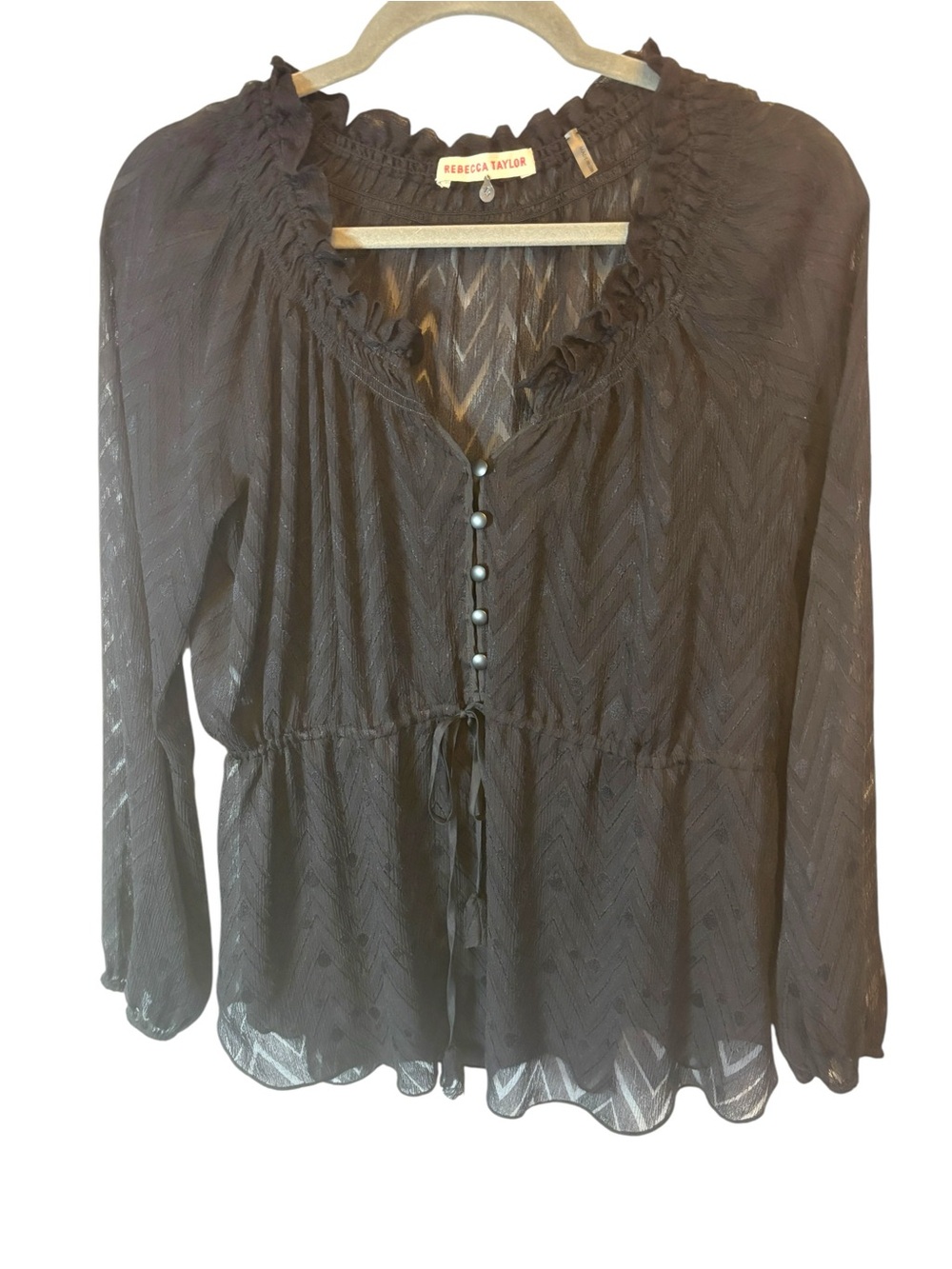 Rebecca Taylor Black Sheer Ruffle-Trim Button Front Top Size 4